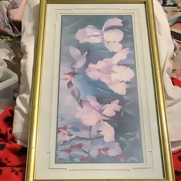 Lilac’s and Hummingbird’s in print in Gold Frame.  Painted by Robbin Allen - Picture 2 of 11